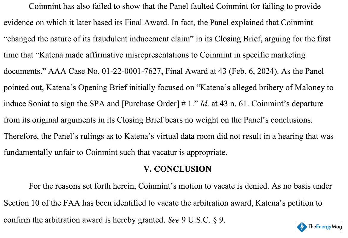 Court Sides with Katena Confirming Arbitration over Coinmint